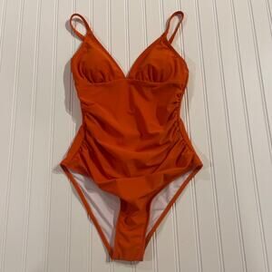 Womens Small One-Piece Swimsuit Orange Tummy Control V-Neck Adjust Strap Cheeky
